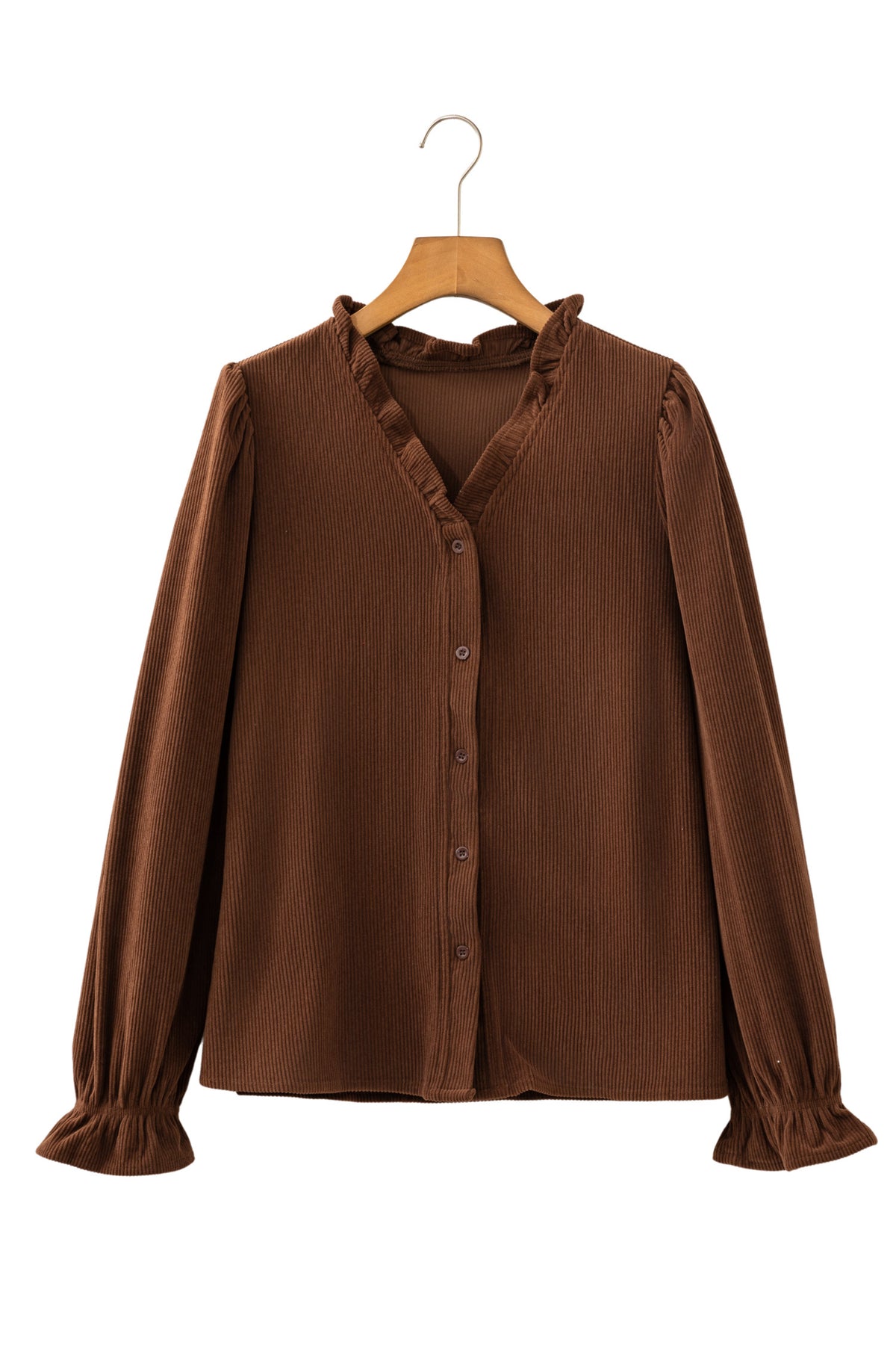 Coffee Corduroy Ruffle V Neck Button Shacket