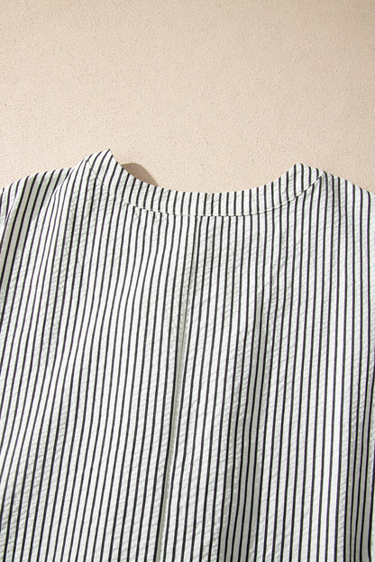 Black Stripe Ruffle Half-Button Short Sleeve Maxi Dress