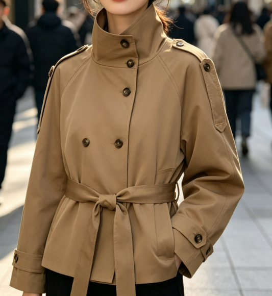 Women Double Breasted Belted Cropped Trench Coat