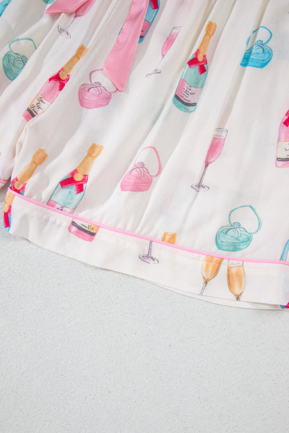 Valentine’s Day White Plus Size Wine Print Bow Pajama Set