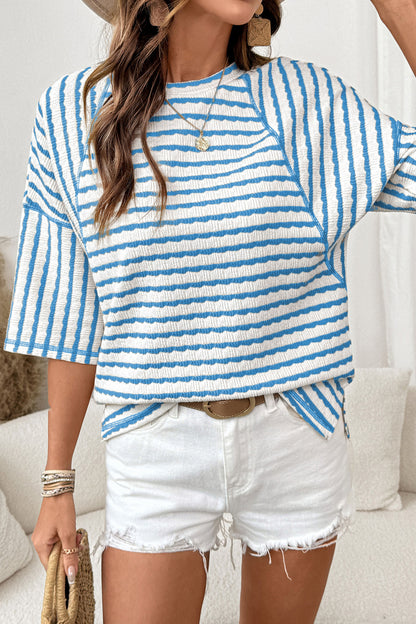 Apricot Stripe Textured Loose Fit Short Sleeve Top