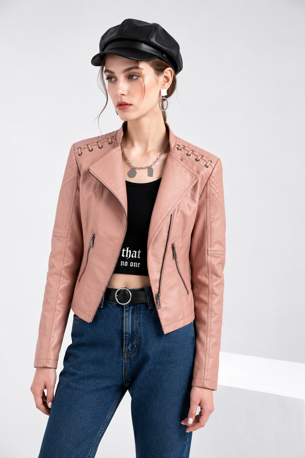 Womens Faux Leather Moto Jacket Slim Fit