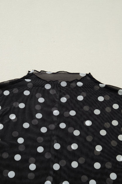 Black Polka Dot Mesh Mock Neck Long Sleeve Top
