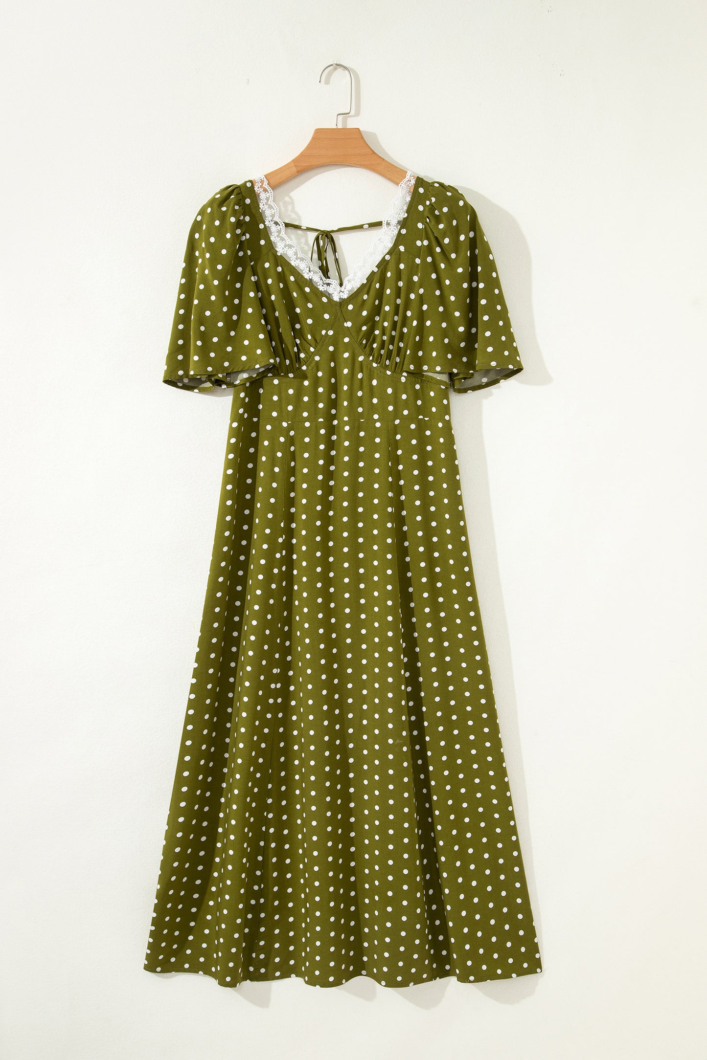 Green Polka Dot Lace Trim Smocked Maxi Dress