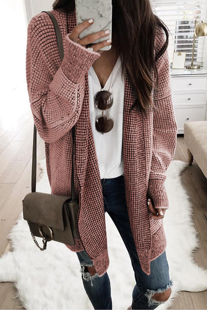 Black Plaid Knitted Long Open Front Cardigan