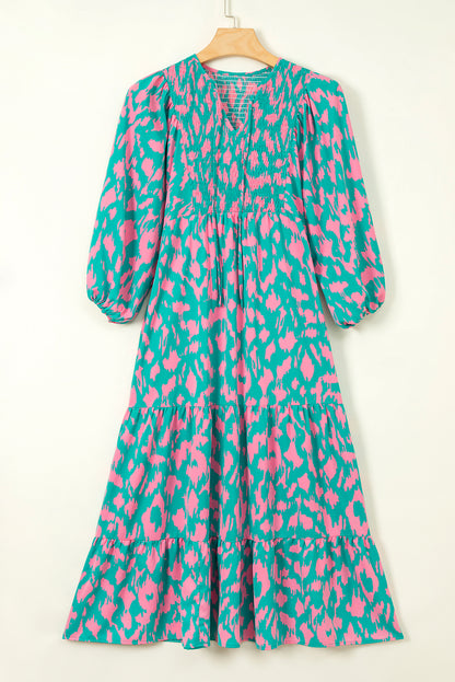 Sky Blue Abstract Print Puff Sleeve Tied Notched Neck Long Dress