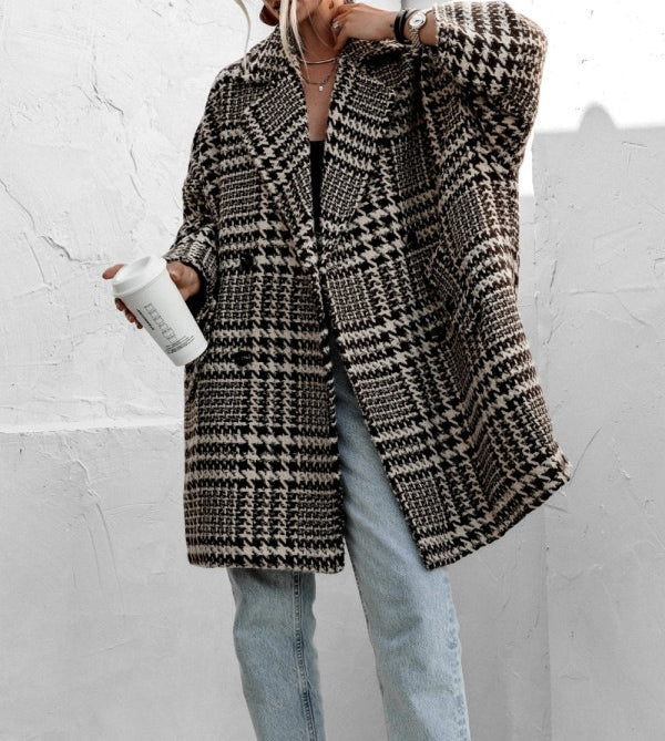 Womens Oversized Houndstooth Tweed Winter Coat Jacket