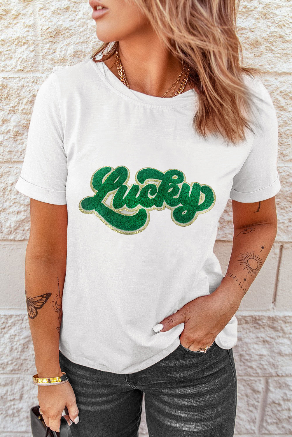 White Lucky Chenille Patch Graphic Tee for St Patrick
