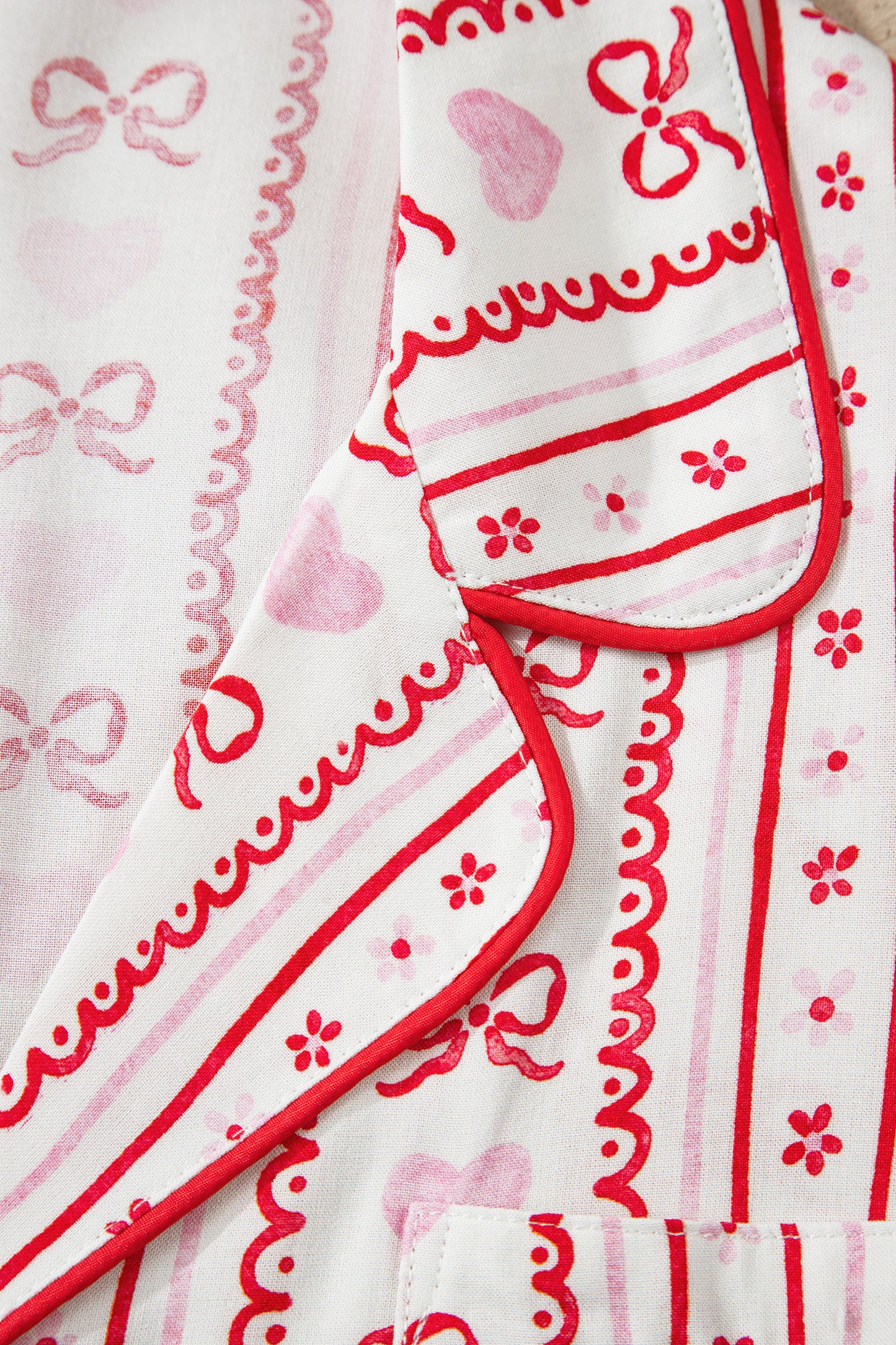 Valentines Heart Bow Print Ribbon Trim 2 Piece Pajama Set