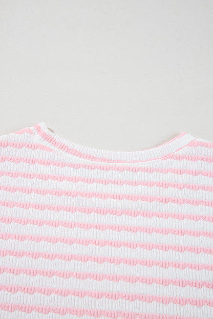 Pink Stripe Textured Knit Lounge Set Drawstring Shorts