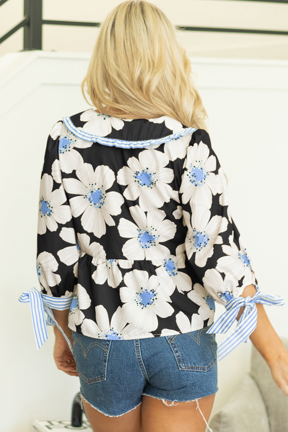 Floral Print Blouse Women Tie Sleeve Collared Top