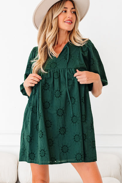 Green Eyelet Embroidered Puff Sleeve Babydoll Mini Dress