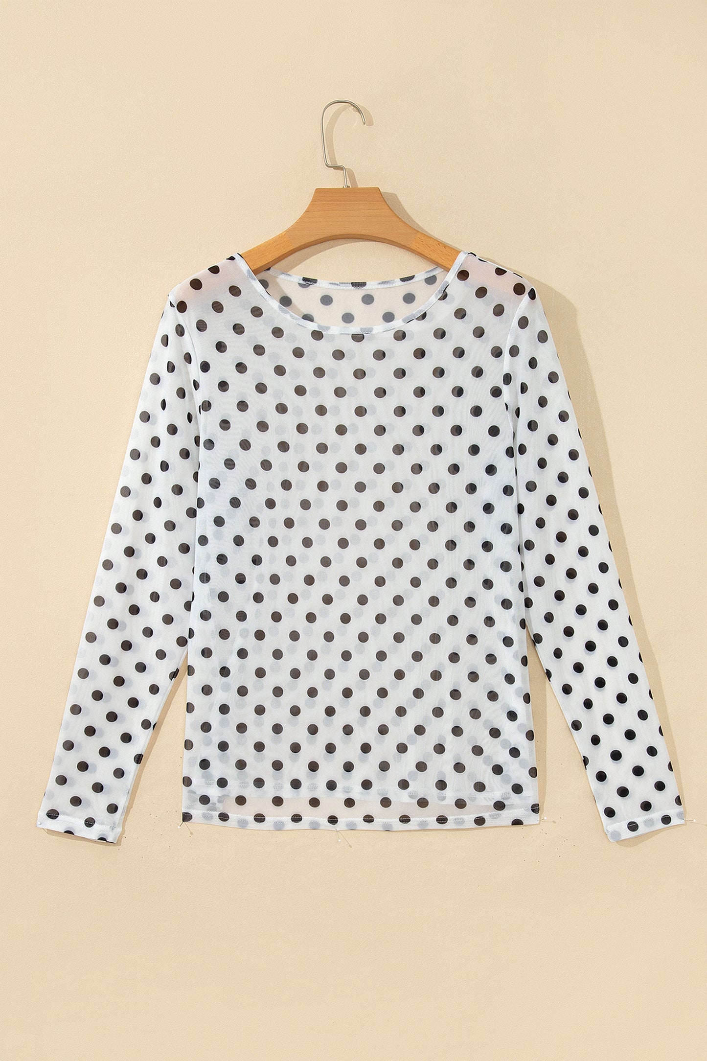 Black Polka Dot Sheer Mesh Long Sleeve Round Neck Shift Top