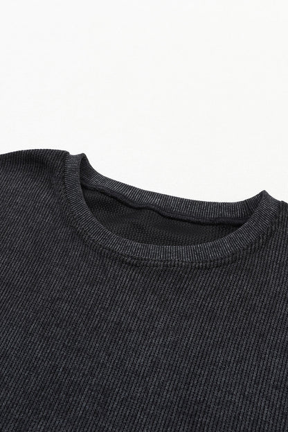 Customizable Solid Ribbed Knit Round Neck Casual PulloverSweatshirt