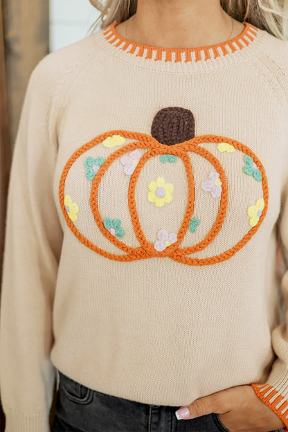 Pumpkin Knit Sweater Autumn Floral Embroidered Relaxed Fit