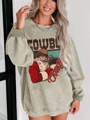 Cowboy Christmas Santa Graphic Corded Knit Sweatshirt