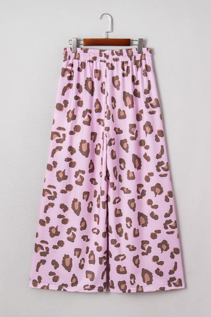Leopard Print Wide Leg Drawstring Pants with Pockets
