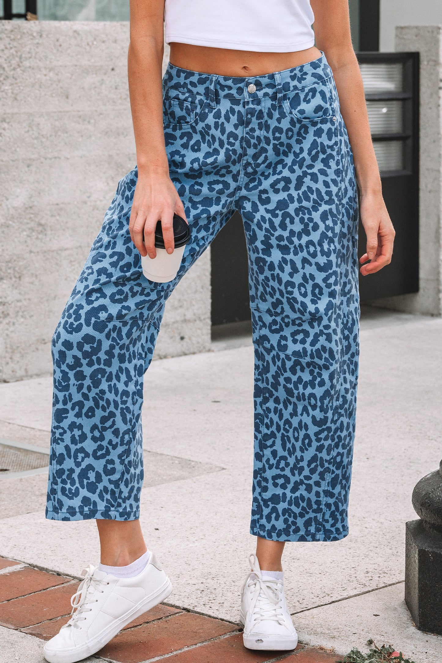 Leopard Print Barrel Leg Jeans High Rise Cropped