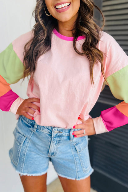 Green Colorblock Patchwork Long Sleeve Loose Top