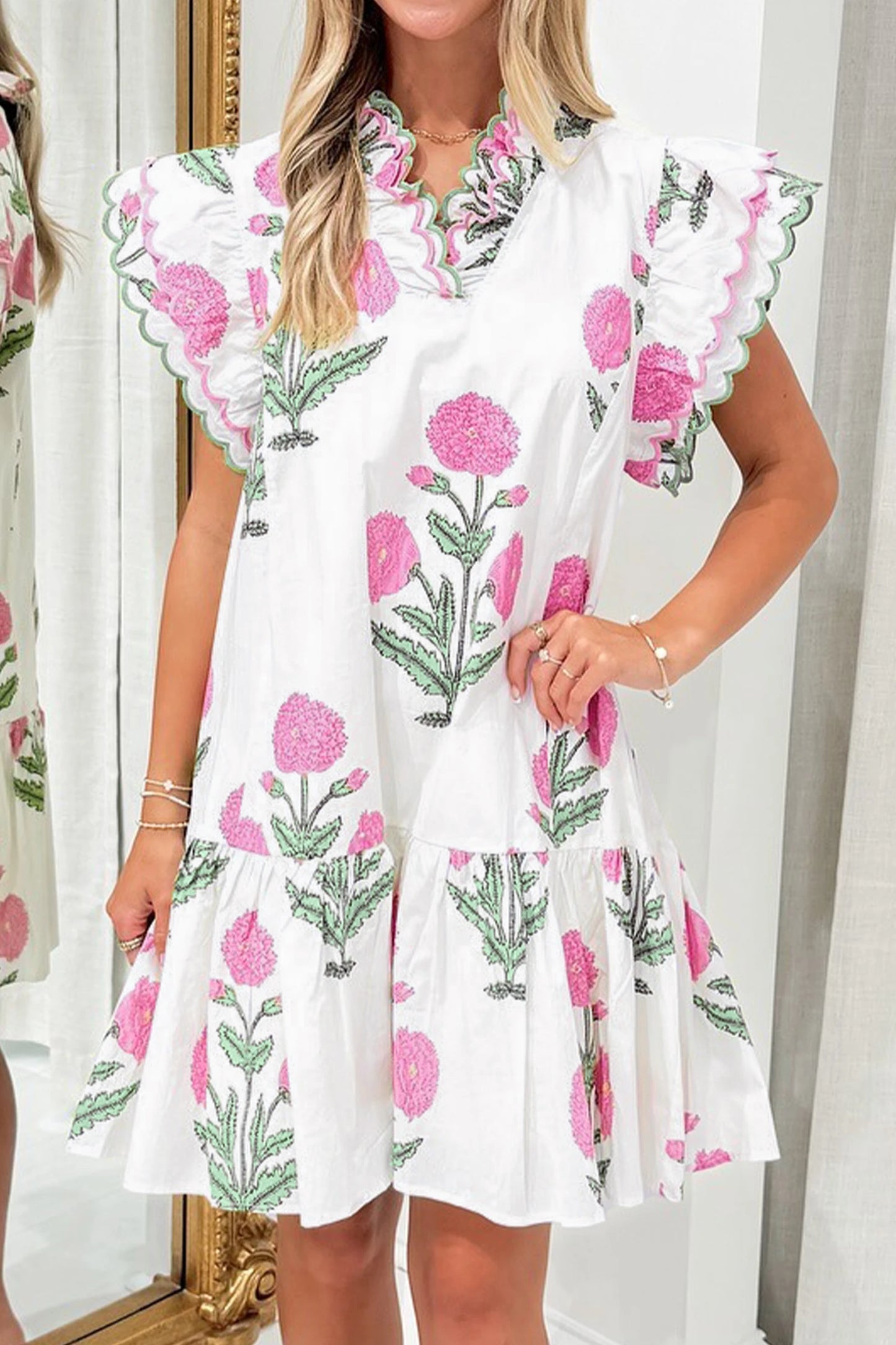 Floral Embroidered V Neck Mini Dress Women Casual