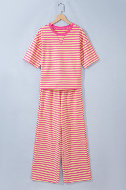 Pink Stripe Wide Leg Lounge Set Women 2 Piece Outfit
