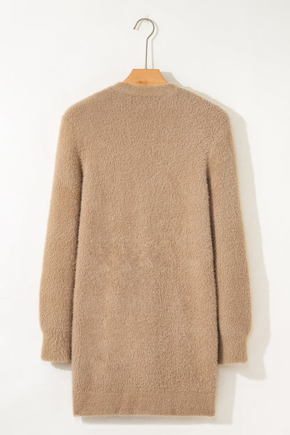 Soft Fuzzy Button Front Long Knit Cardigan with Pockets