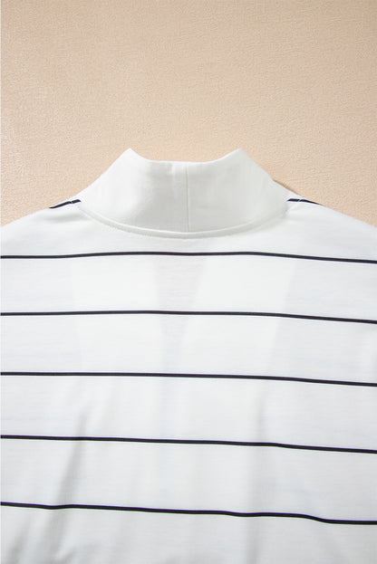 White Striped Zip V Neck Drop Shoulder Long Sleeve Top