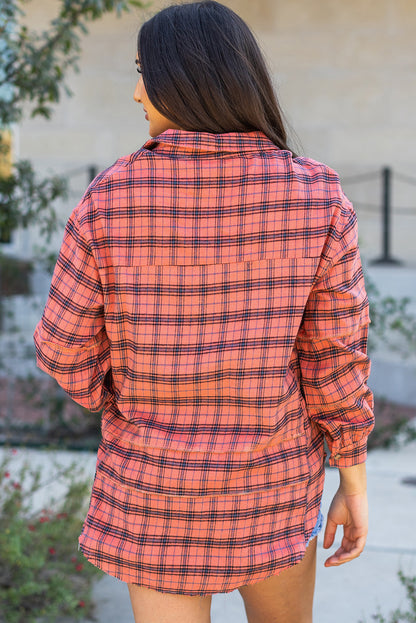 Plaid Long Sleeeve Side Split Distressed Hem Shirt