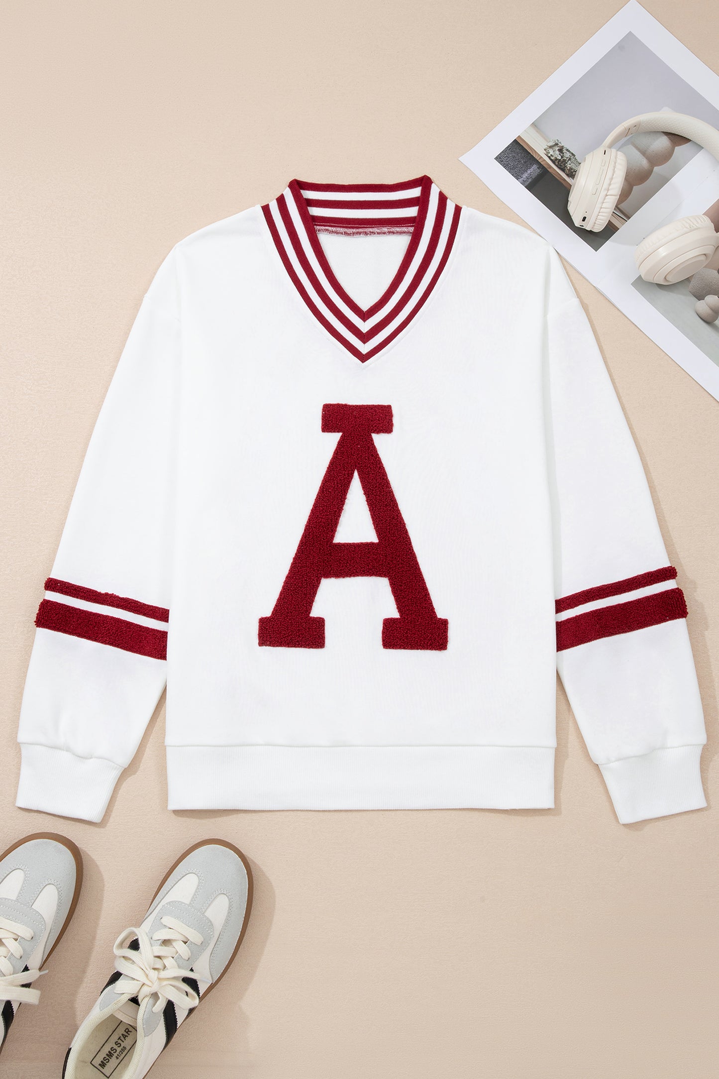 Varsity Letter A Graphic V Neck Striped Game Day Sweatshirt