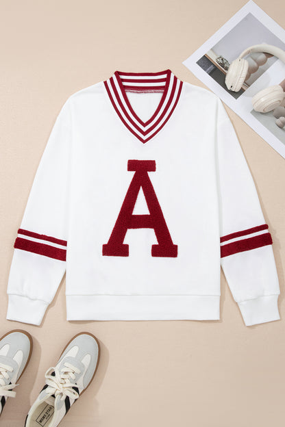 Varsity Letter A Graphic V Neck Striped Game Day Sweatshirt