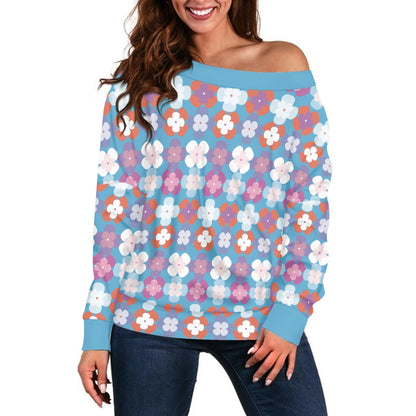 Blue Floral Print Long Sleeve Pullover Women's Top