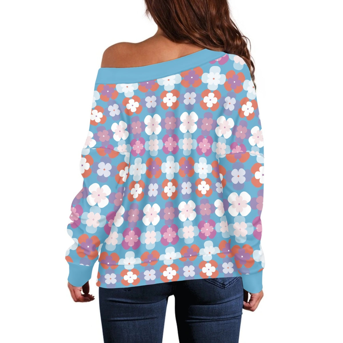 Blue Floral Print Long Sleeve Pullover Women's Top