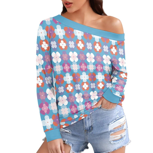 Blue Floral Print Long Sleeve Pullover Women's Top