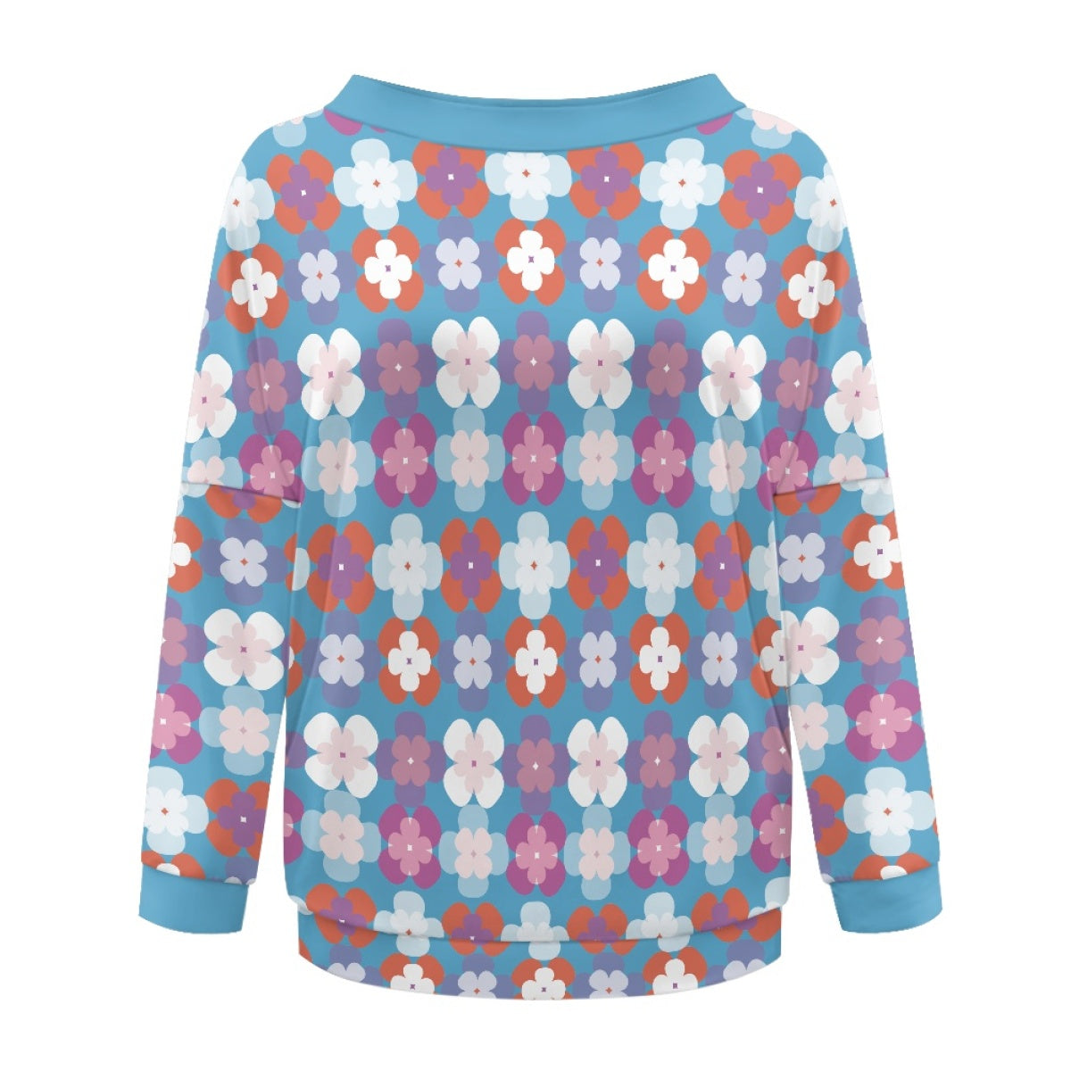 Blue Floral Print Long Sleeve Pullover Women's Top