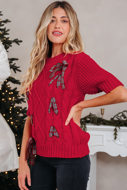 Red Plaid Bow Lace Up Cable Knit Short Sleeve Holiday Sweater