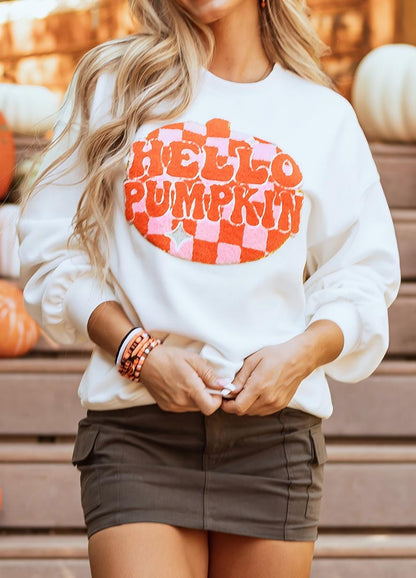 Hello Pumpkin Chenille Patch Halloween Pullover Sweatshirt