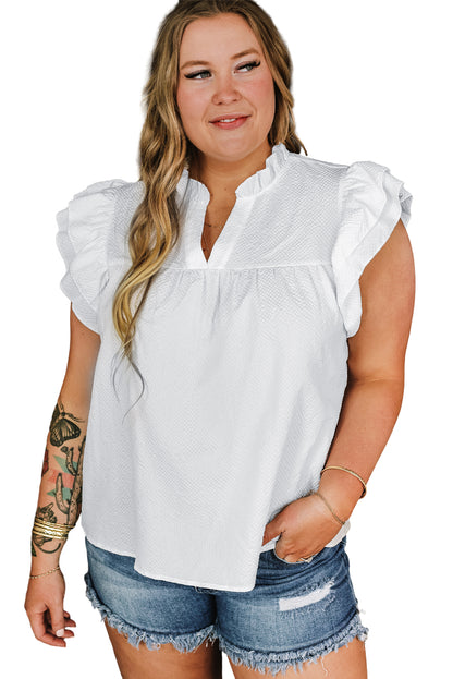 White Textured Ruffled Flutter Sleeve Plus Size Blouse