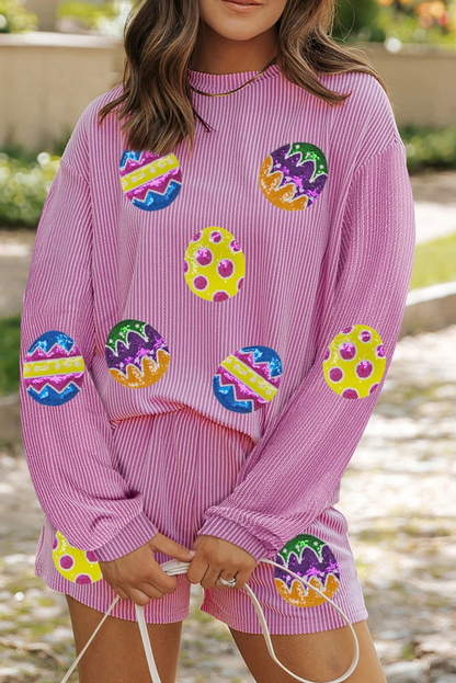 Easter Egg Graphic Corded Rib Long Sleeve Shorts Set
