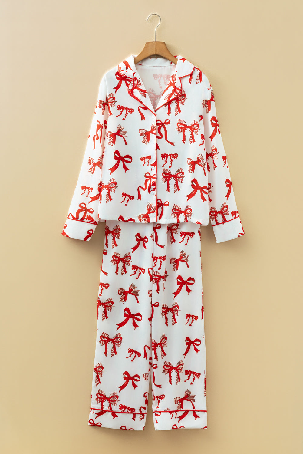 Red Christmas Bow Print Long Sleeve 2pcs Pajama Set