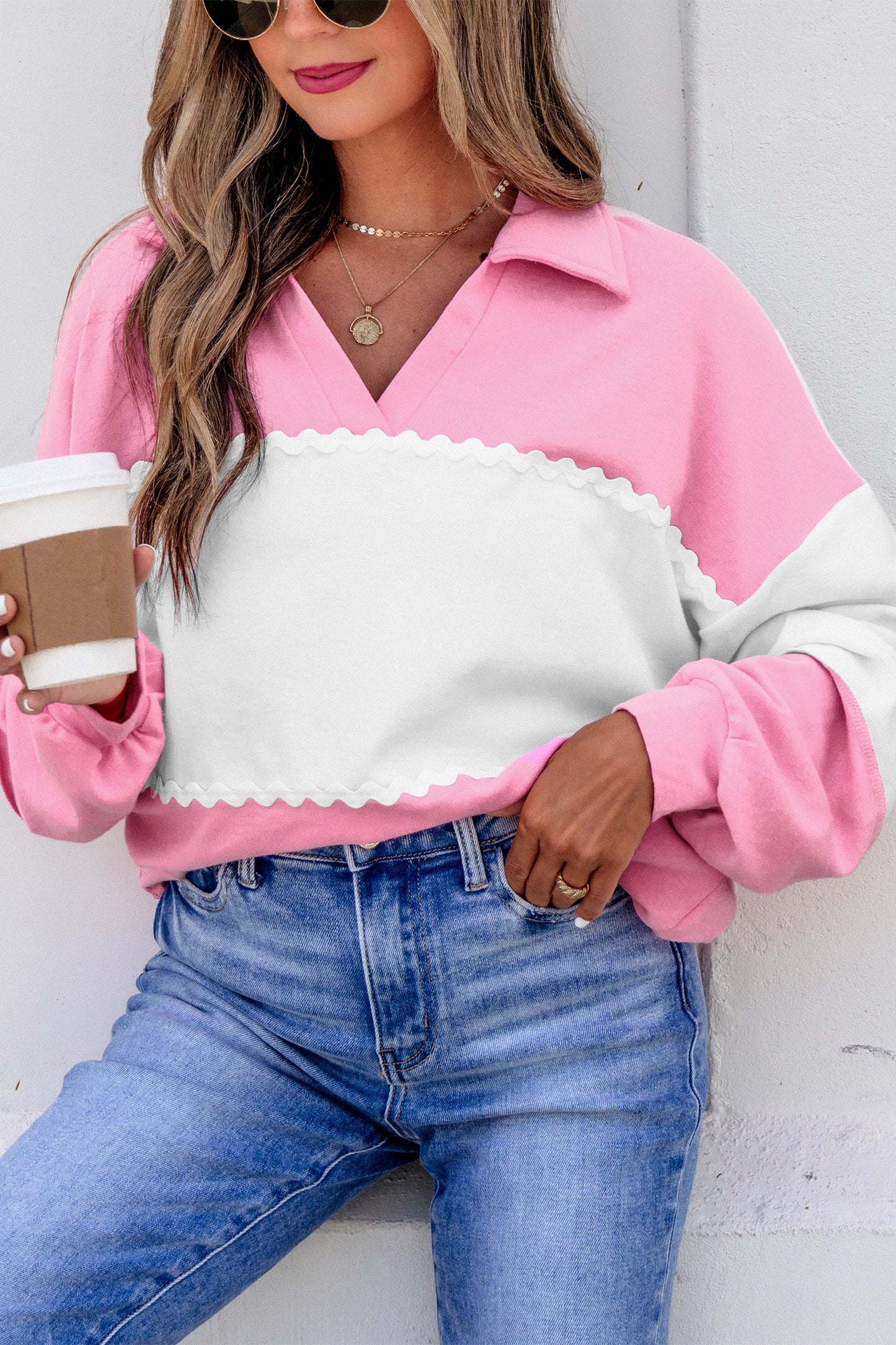 Color Block Ricrac Trim Collared V Neck Long Sleeve Top