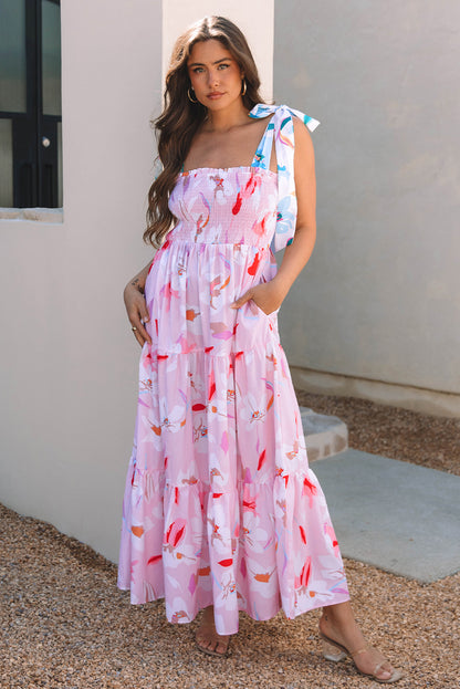 Pink Floral Smocked Maxi Dress Tie Shoulder Flowy