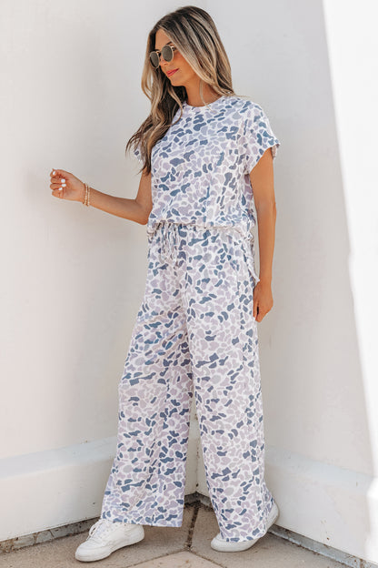 Women Camo Print Two Piece Set Casual Tee Drawstring Pants