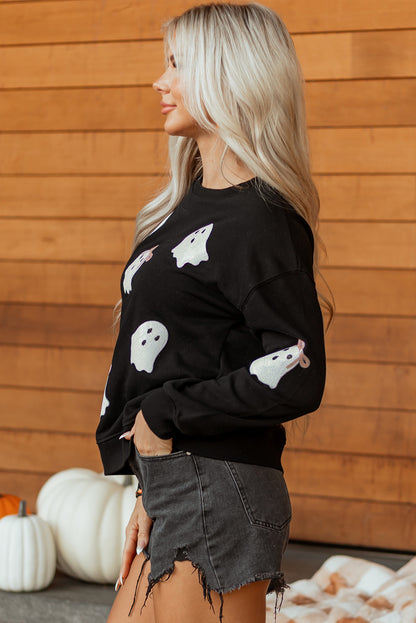 Black Sequin Ghost Bow Halloween Crew Neck Pullover Sweatshirt