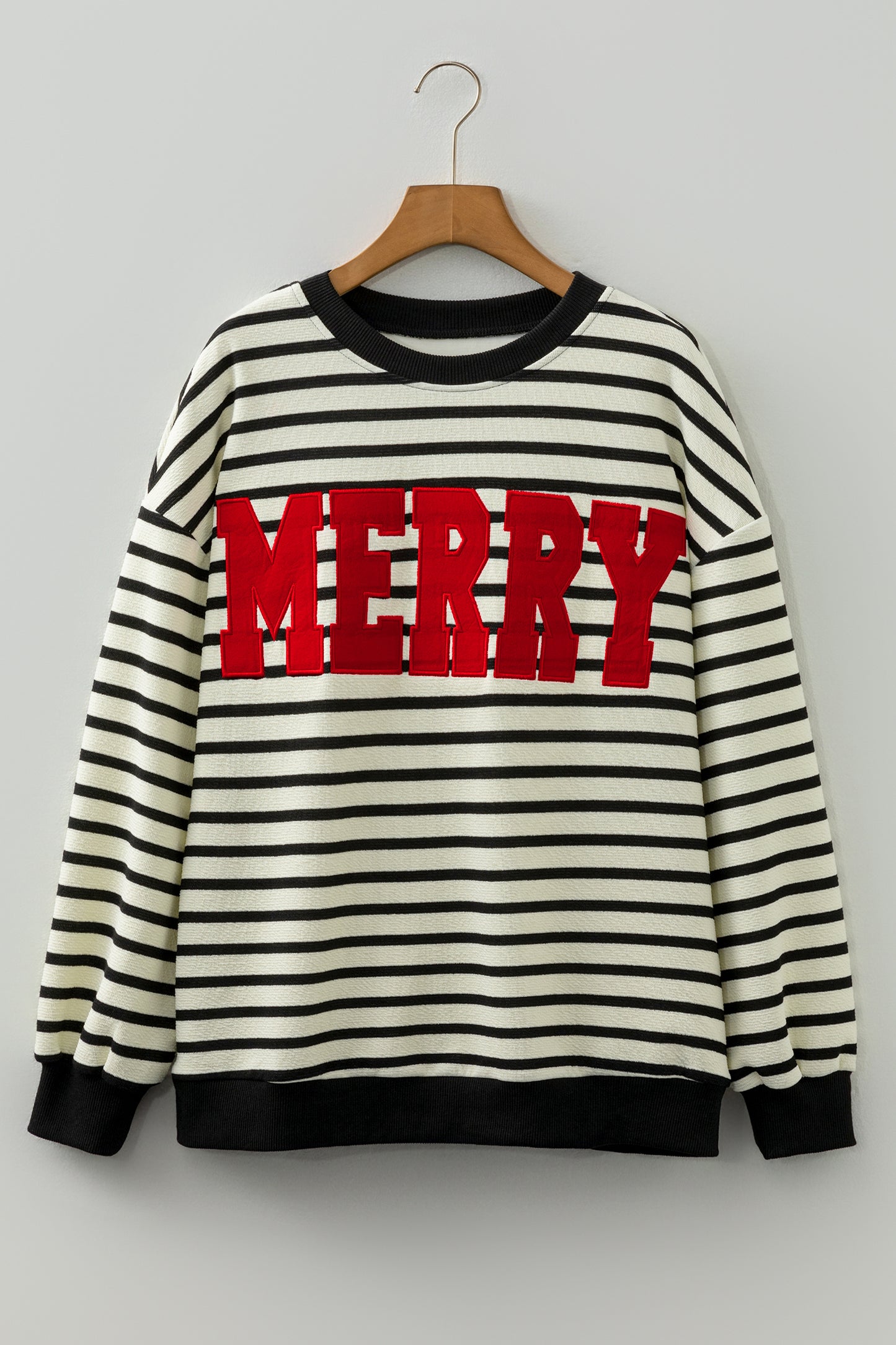 Black Striped MERRY Christmas Sweatshirt Drop Shoulder Pullover