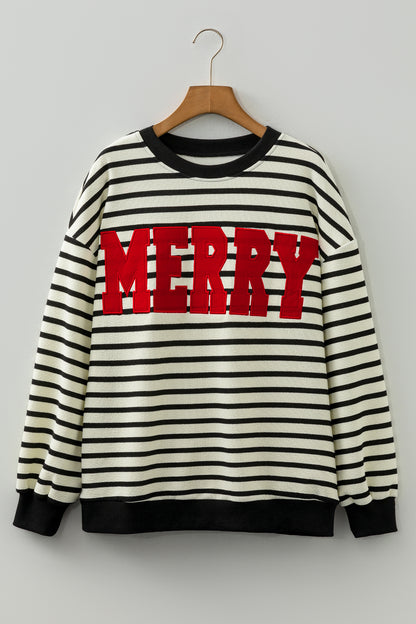 Black Striped MERRY Christmas Sweatshirt Drop Shoulder Pullover