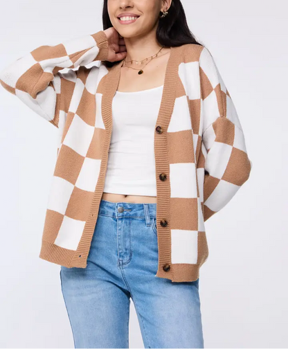 Checkerboard Knit Cardigan Button Down Cozy Sweater