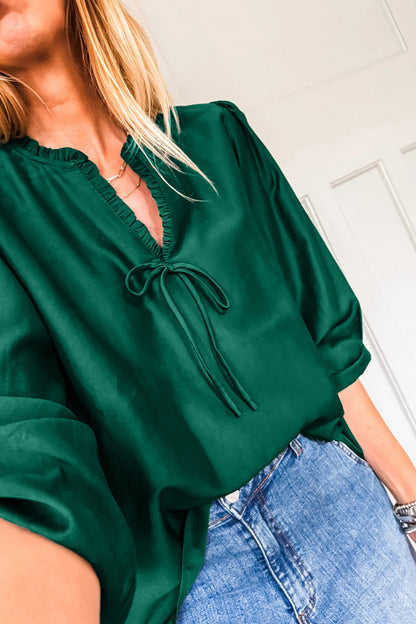 Dark Green Ruffle V Neck Bow Tie 3/4 Sleeve Blouse