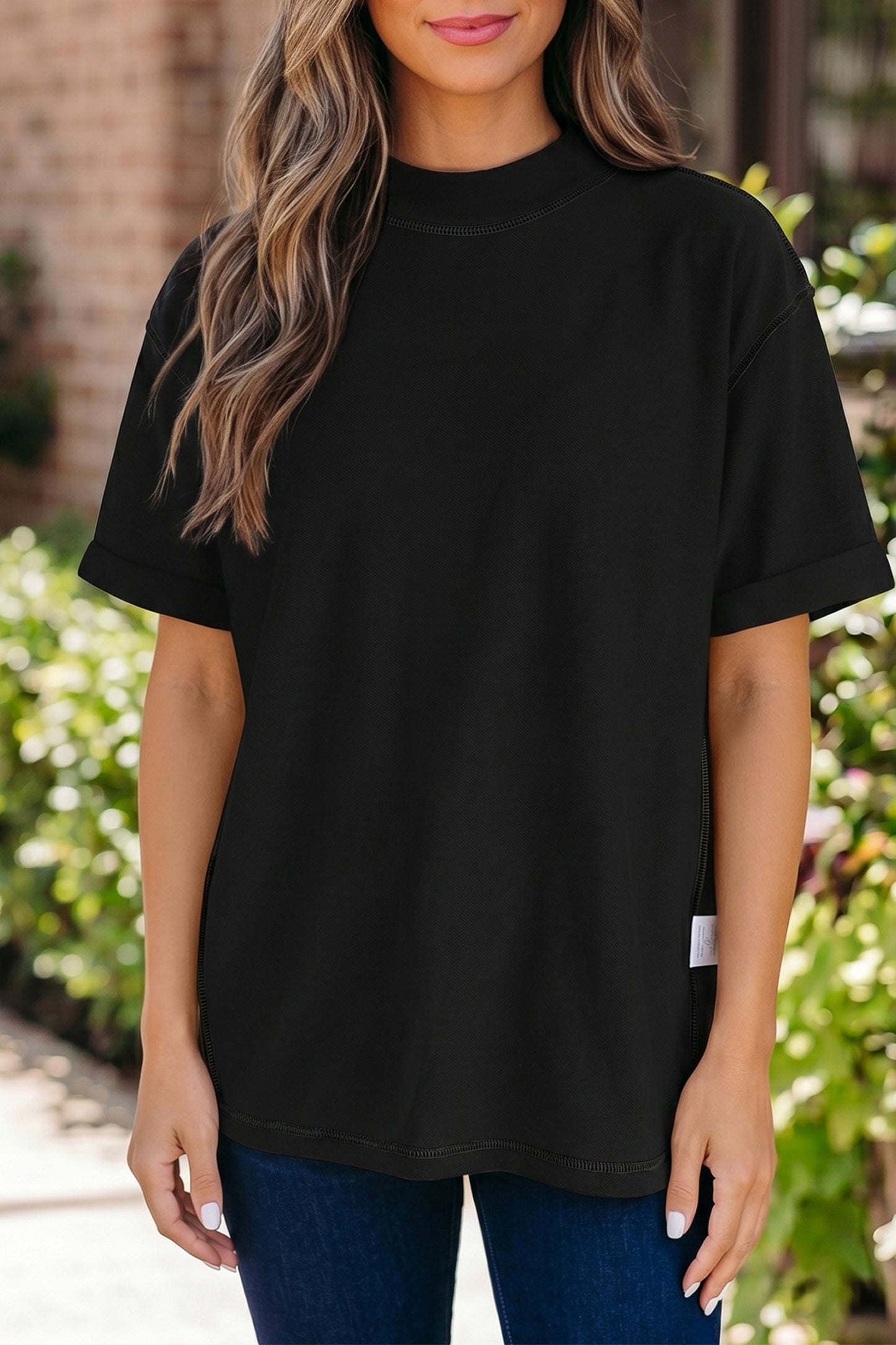 Dark Blue Oversized Mock Neck Tee Casual Relaxed Top