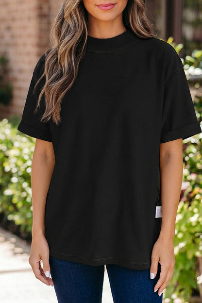 Dark Blue Oversized Mock Neck Tee Casual Relaxed Top