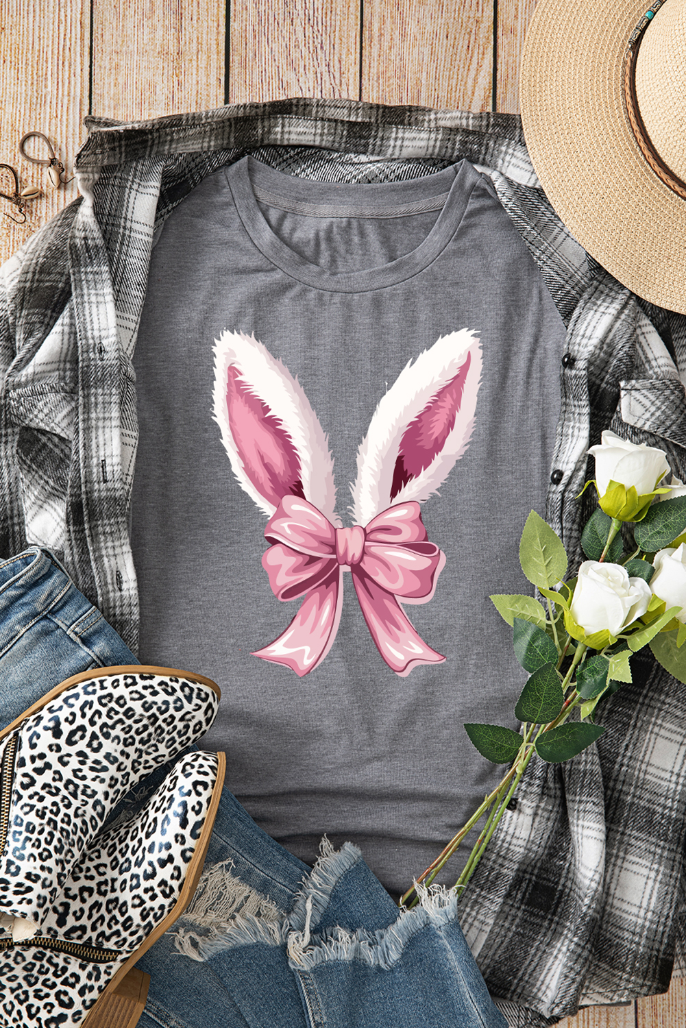 Easter Bunny Ear Bow Graphic Casual Spring T Shirt